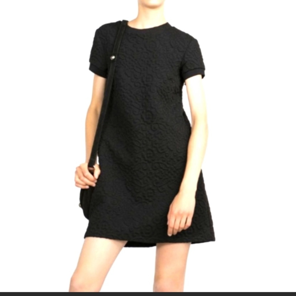 Zara Embossed Floral Solid Black Knit Sweater Dress with MEASUREMENTS SIZE XS